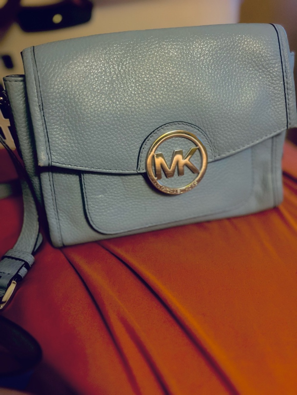 Michael Kors Sky Blue Pebbled Leather Crossbody with Gold MK Medallion